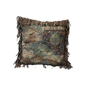 Old Style World Map Americas New World Woven Tapestry Fringe Pillow 13x13.5 READ